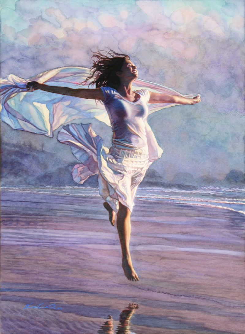 full length, reflection, wind, human arm, hair, 1080P, beach, young women, portrait display, painting, beautiful woman, human limb, smiling, motion, artwork