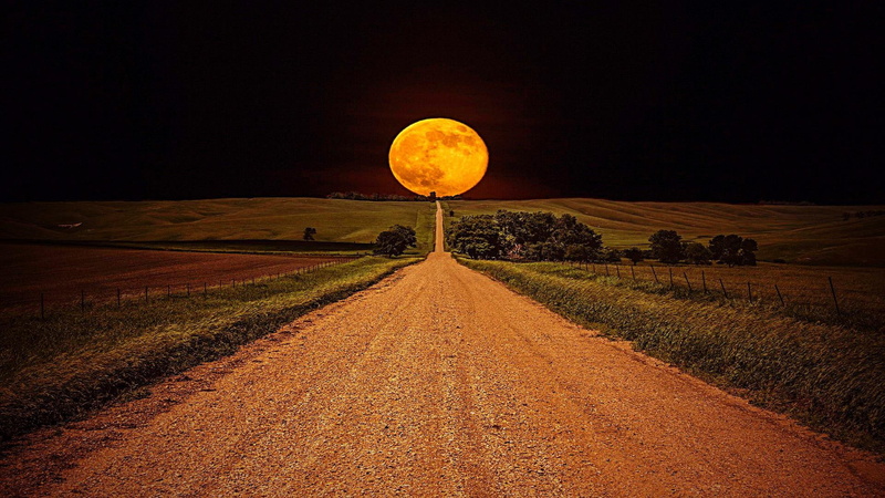 full moon, 1080P, road, way, field, night sky, night, moon