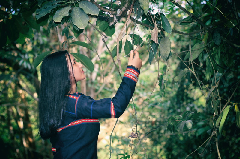 standing, young adult, girl, adult, lifestyles, one person, growth, forest, plant, leaves, focus on foreground, tree, forrest, land, 5K, side view, nature
