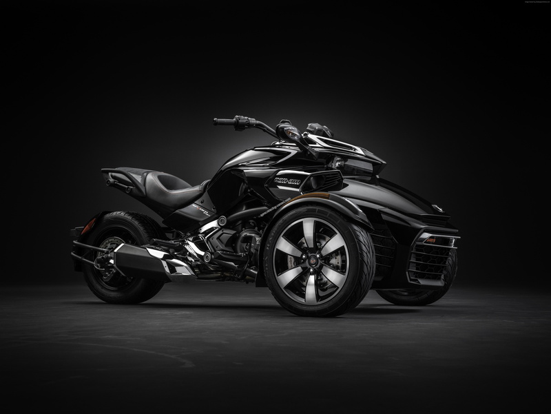 chrome, black background, mode of transportation, CAN-AM SPYDER F3-T, tricycle, land vehicle, concept, indoors, side view, reflection, wheel, luxury, transportation