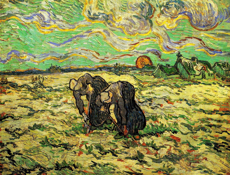 2K, clouds, Women Digging in, Field with Snow, women working in the garden, Vincent van Gogh, Two Peasant, the sun
