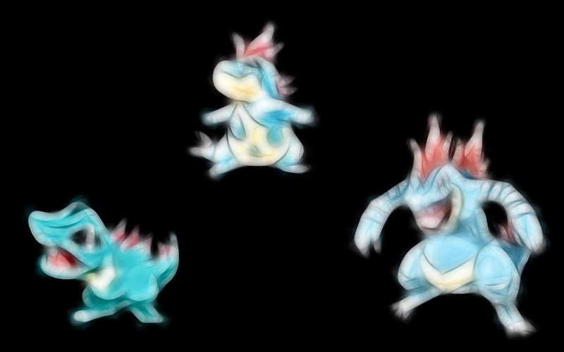 representation, full length, studio shot, Totodile (Pokémon), multiple image, underwater, digital composite, creativity, Feraligatr (Pokemon), black background