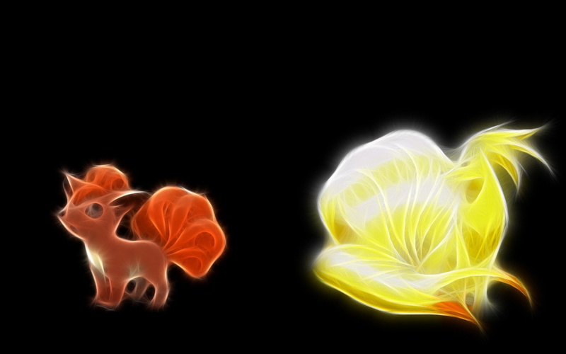 Pokémon, Tail, two, abstract, black color, illustrations, copy space, Ninetales (Pokémon), glowing, Vulpix (Pokémon), no people, pattern, black background