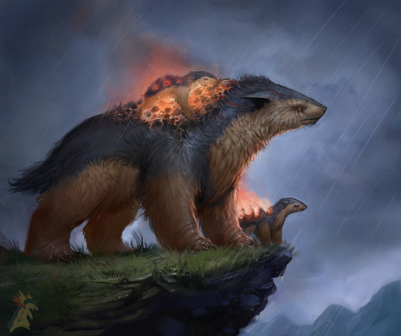 nature, wildlife, side view, outdoors, water, typhlosion, quilava, sky, no people, pokemon, 2K, digital, heat - Temperature, mouth open, danger, illustration