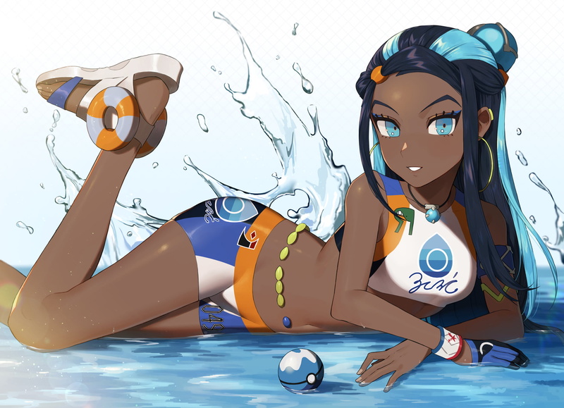 gloves, Rurina (Pokémon), water, dark hair, black hair, necklace, aqua eyes, 1080P, long hair, shorts