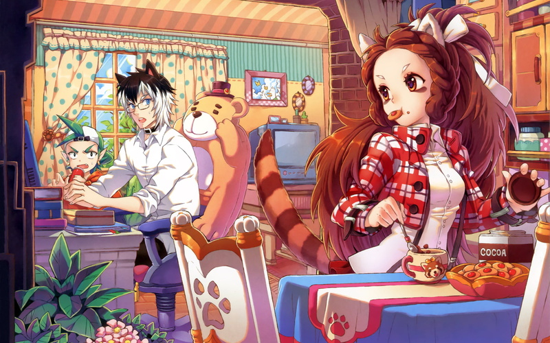 brown, nardack, food, original, short, glasses, blue, hat, collar, 1080P, ears, animal, fang, eyes, leaves, green, hair, drink, tail, long
