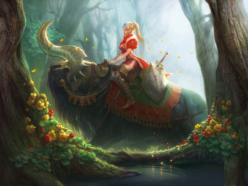 girl, riding, fantasy art, 720P, fantasy, forest, animal, art