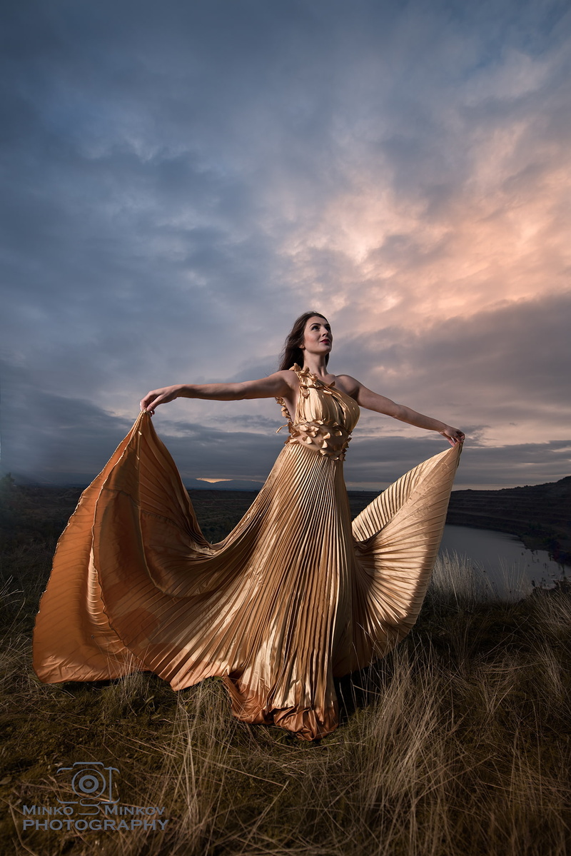 cloud - sky, beautiful woman, gold dress, dress, Minko Minkov, hairstyle, clothing, portrait, one person, 1080P, fashion, frock, sky, adult, long hair