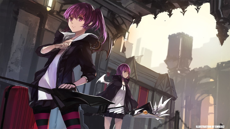 celebration, traditional clothing, low angle view, building, people, 720P, outdoors, costume, anime girls, Elsword, purple eyes, ponytail, arts culture and entertainment