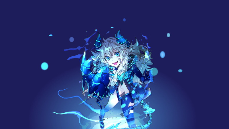 anime girls, blue, Lu (Elsword), white hair, blue eyes, Elsword, anime, pointed ears, 1080P, horns