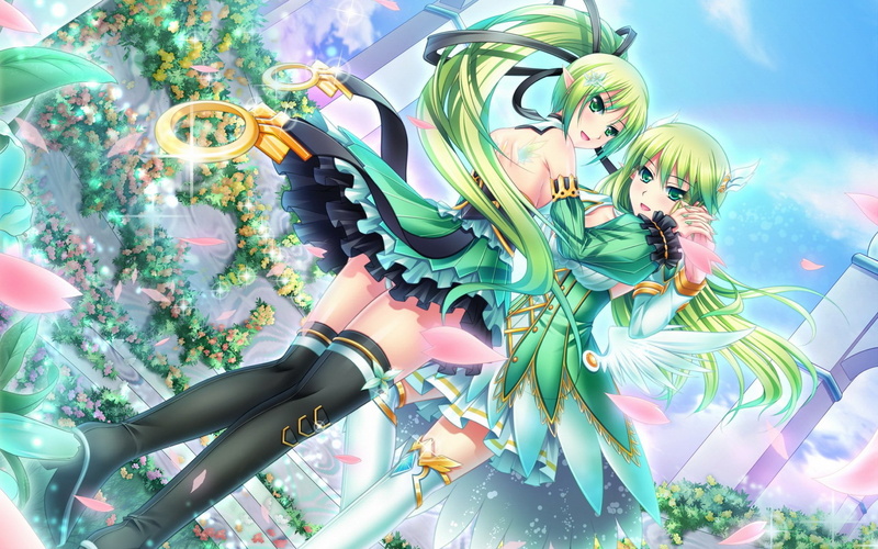 creativity, day, flower, Green Hair, growth, human representation, sky, young women, young adult, anime, Rena (Elsword), female, Video Game, low angle view