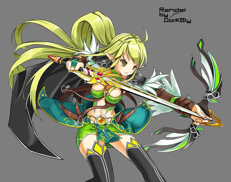 eyes, elf, elsword, vector, rena, sword, hair, weapon, green, 1080P