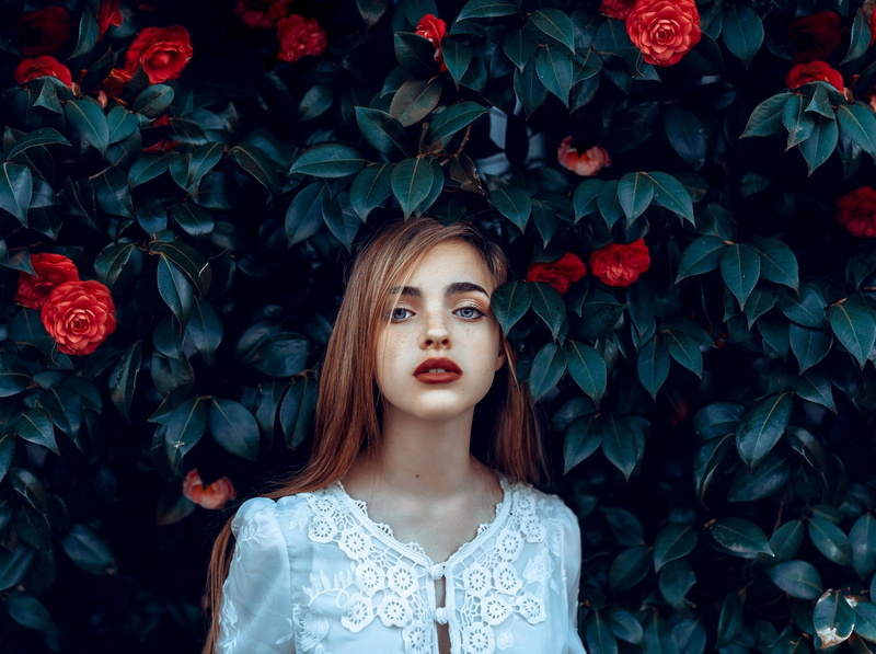 hairstyle, flowers, long hair, portrait, real people, plant, contemplation, flower, plant part, leaf, front view, freckles, Tiana Licastro, women, beauty