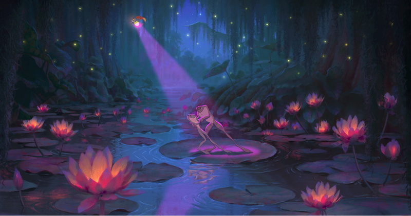 beauty in nature, lotus water lily, Frog, lighting equipment, Tiana, outdoors, nature, floating on water, petal, no people, stage, plant, arts culture and entertainment