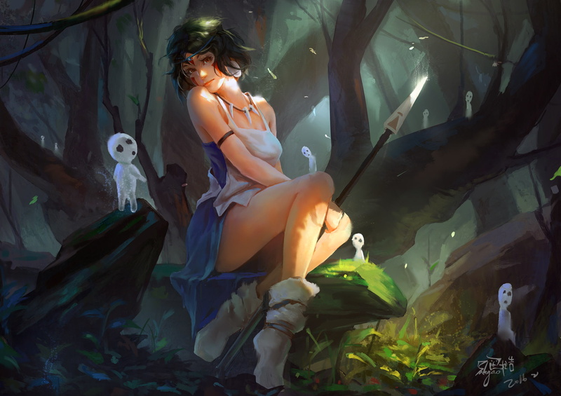 Red Eyes, Princess Mononoke, 1080P, Movie, Creature, Spear, Forest, Short Hair, Woman Warrior, Black Hair, Girl