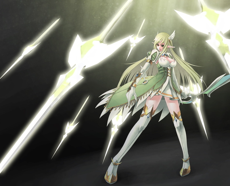 rotix, rena, weapon, elf, armor, gloves, thighhighs, 720P, green, elsword, sword, long, eyes, elbow, cleavage, hair
