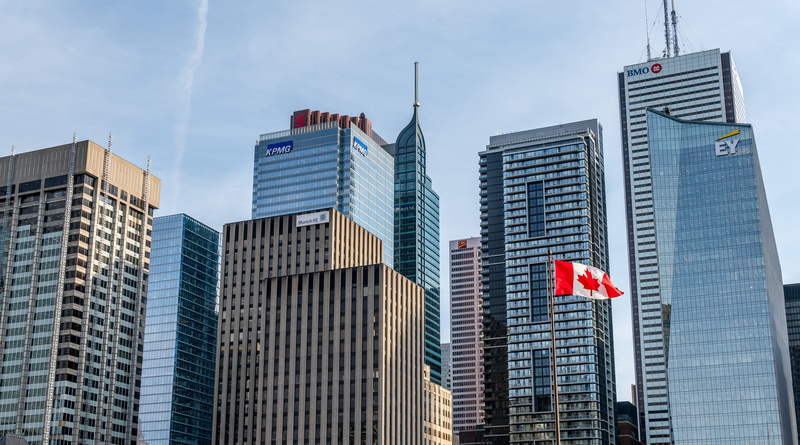 glass, concrete, modern, flag, buildings, sky, nature, toronto, built structure, city, tall - high, independence, skyscraper, architecture, building exterior