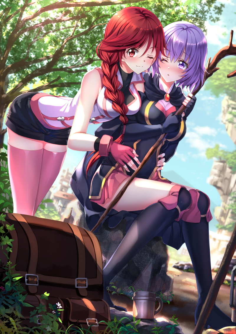 braids, Swordsouls, anime girls, anime, 720P, Hai to Gensou no Grimgar, Shihoru (Hai to Gensou no Grimgar), thigh-highs, staff, Yume (character)