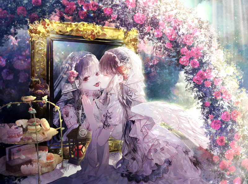 1080P, Yume, anime girls, demon, reflection, original characters, angel