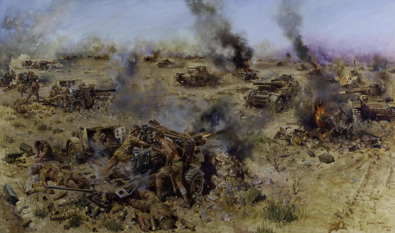 tanks, The Battle Of Knightsbridge, 6 June 1942, smoke, 2K, attack, WW2, the artist Terence Cuneo, shots, flame, fire, artillery