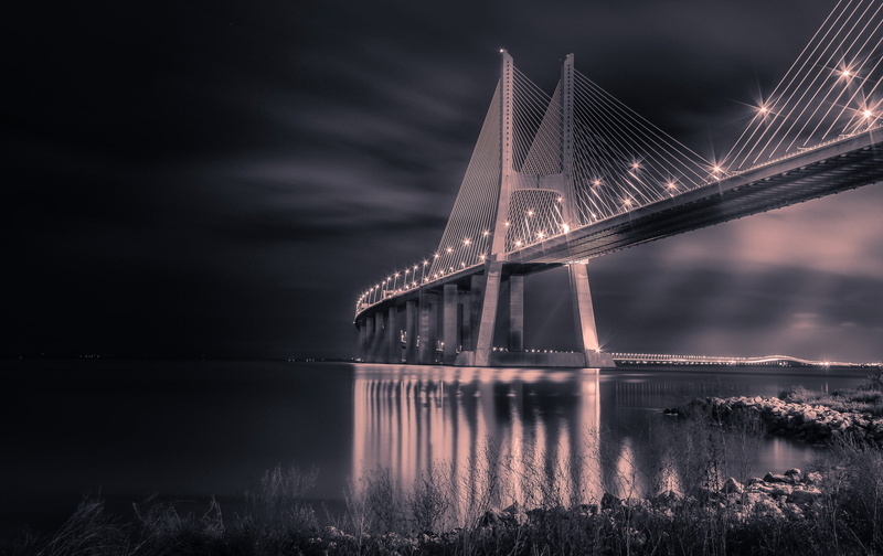 support, Portugal, bridge, lights, night, 1080P