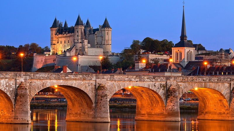 lights, 1080P, hill, the evening, river, home, support, the sky, castle, bridge