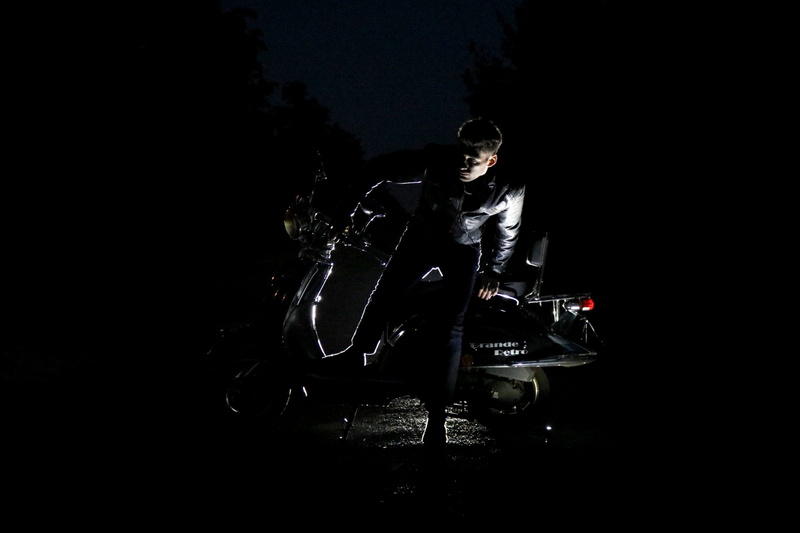real people, transportation, standing, leisure activity, shadow, full length, black background, motorcycle, awesome, canon, off, 5K, dark, one person