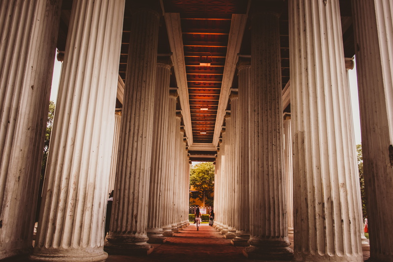 direction, diminishing perspective, museum, incidental people, ancient, architectural column, day, the way forward, travel, concrete, built structure, colonnade