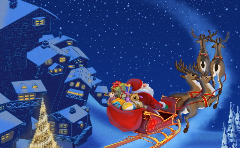 cold temperature, astronomy, sky, reindeer, 2013, arts culture and entertainment, Holidays, snow, Santa, 2K, Claus, blue, snowing, Town, space, architecture