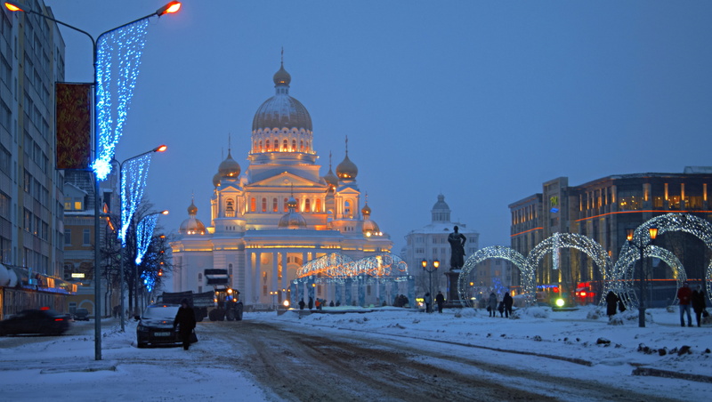 clear sky, twilight, building, travel, Saransk, city, people, city Life, ice, Russia, tower, cityscape, 4K, Mordovia, vacations, outdoors, snow, Cathedral