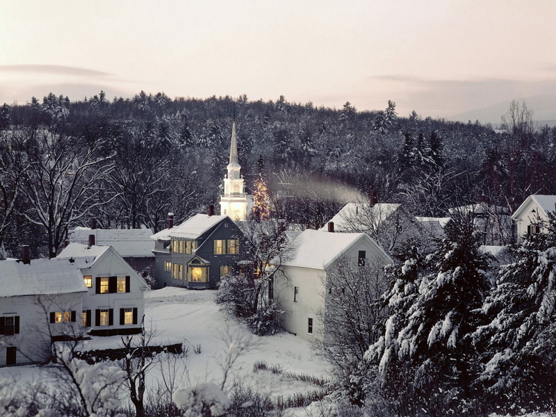 landscape, forest, frost, village, snow, new england, old, concrete, church, ice, outdoors, town, plant, nature, sky, roof, religion, place of worship