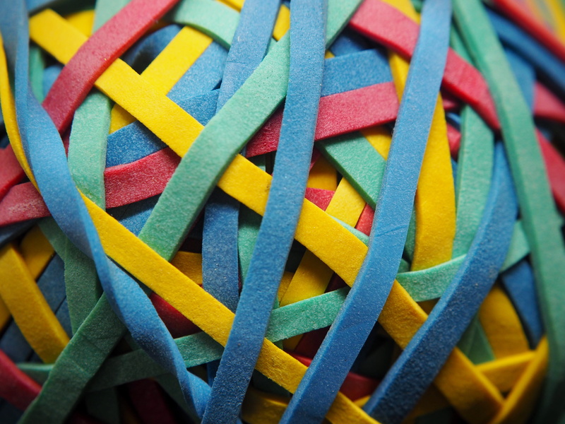 green, blue, design, selective focus, multi colored, close up, day, knot, rubber, vibrant color, yellow, close-up, heap, no people, abundance, rubber band