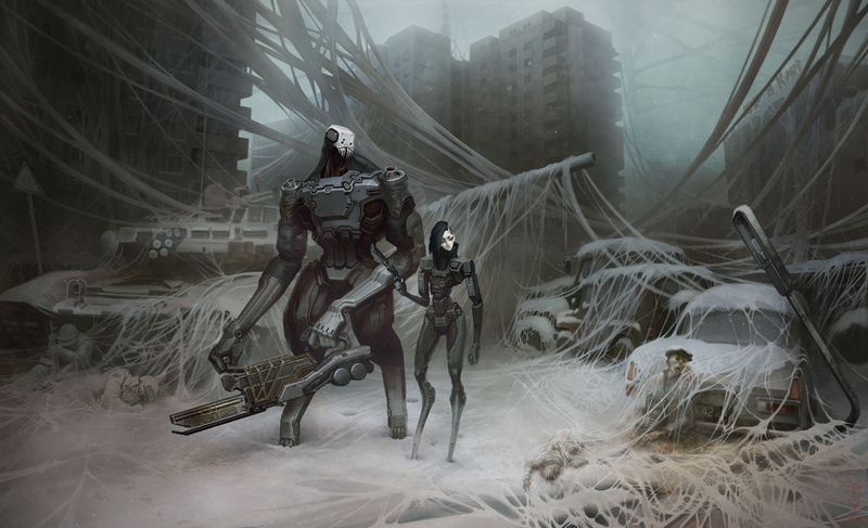 cyborg, DeviantArt, futuristic, mist, gun, building, abandoned, dead, robot, Ivan Yakushev, digital art, city, science fiction, 4K, apocalyptic, street light