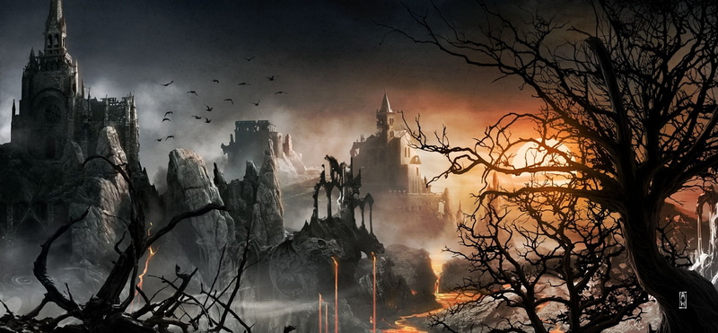 tree, death, castle, bare tree, dead, sign, dark, plant, rocks, ruins, fire, smoke - Physical Structure, outdoors, sullen, winter, burning, smog, night