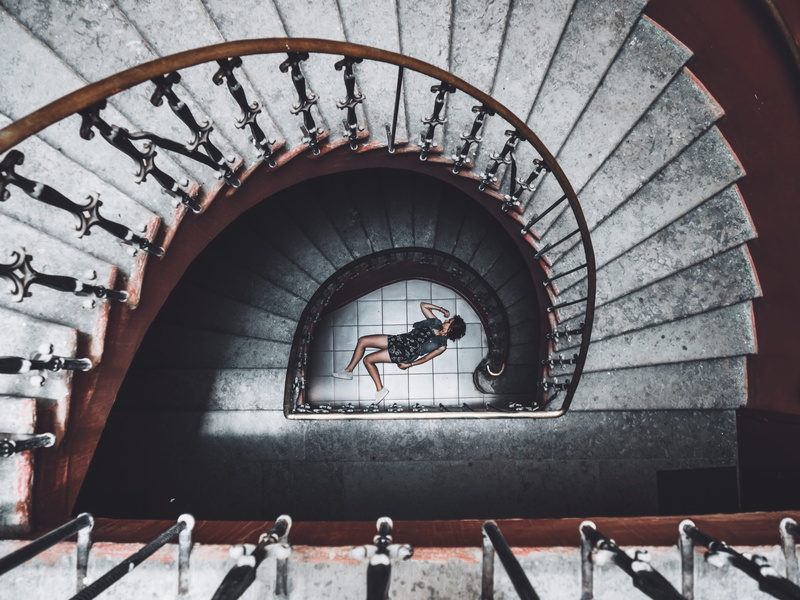 girl, steps, city, moving Down, moving Up, indoors, metal, minimalism, building, spiral, staircase, wall - Building Feature, outdoors, floor