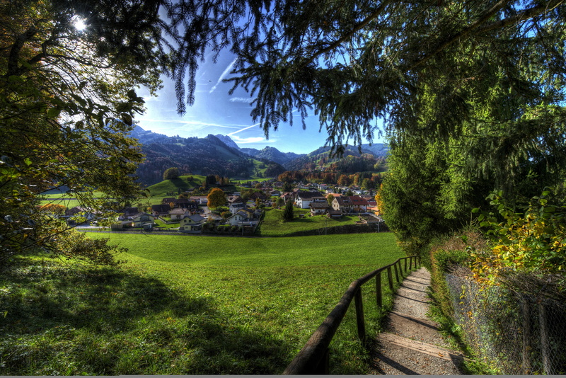 mountain, no people, landscape, tranquility, growth, green color, architecture, trees, sunlight, nature, summer, environment, village, outdoors, tree, the bushes