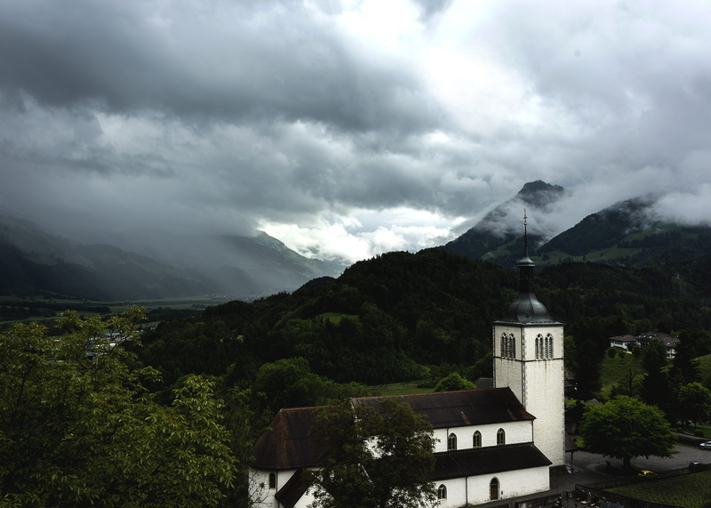 plant, architecture, tree, church, scenics - nature, la gruyère, swiss, storm, day, mountain peak, building exterior, no people, mountain range, landscape