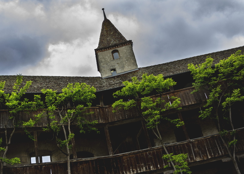 cloud - sky, sky, spire, tree, place of worship, belief, nature, architecture, old, low angle view, roof, history, building, outdoors, gruyères, religion