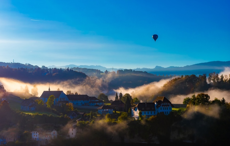 environment, sunrise, houses, hdr, built structure, fogs, hot, surrounded, forest, village, nature, mist, trees, fribourg, fog, residential district, landscape
