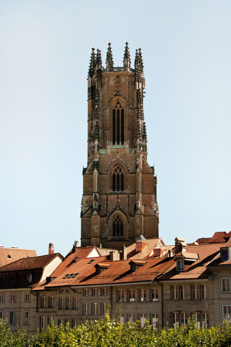 spirituality, fribourg, city, belief, religion, clock, cathedral, architecture, clear sky, building exterior, spire, day, 4K, no people, summer, gothic style
