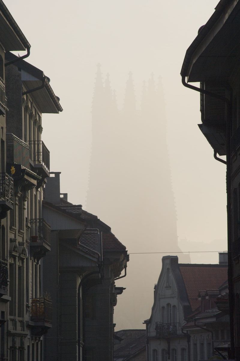nature, built structure, ghostly, alley, day, münster, switzerland, 2K, fog, tree, building, steeple, church, outdoors, fribourg, architecture, freiburg