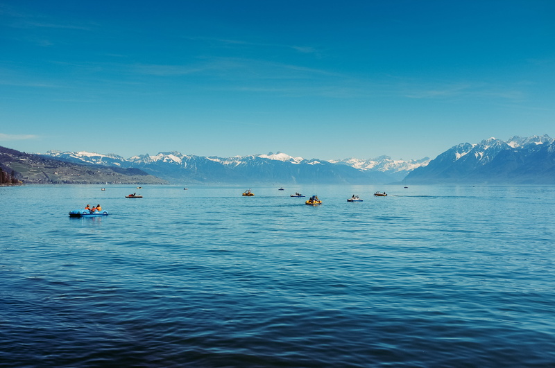 landscape, summer, tranquility, cold temperature, swiss, mode of transportation, boats, ouchy, non-urban scene, beauty in nature, sun, mountain, blue, waterfront