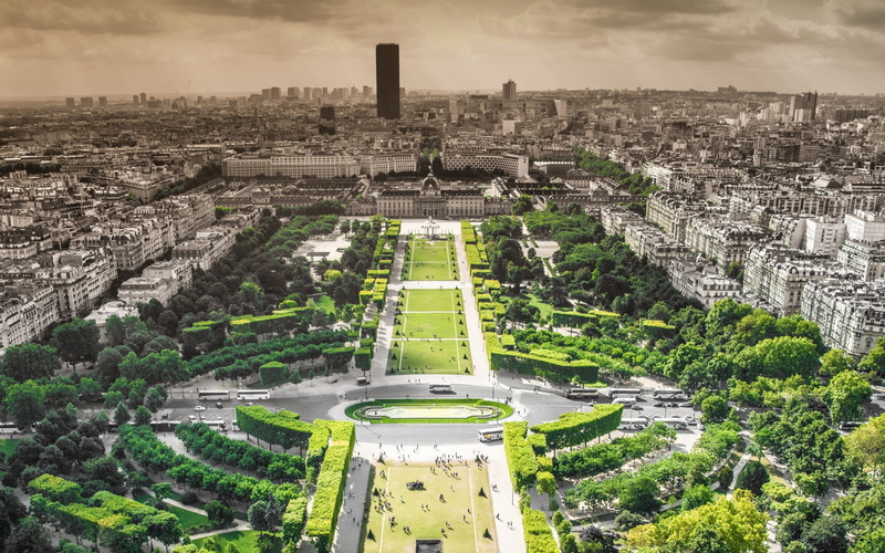 de, Paris, mars, park, Skyline, panoramic view city, trees, view, champ, 2K, panoramic, France, Buildings