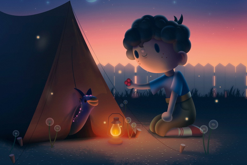 fence, Aaron Campbell, children, 1080P, Light Bulb, Dandelion, Tent, digital art, animals, fantasy Art