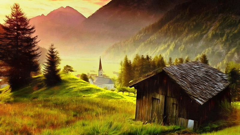land, tranquility, environment, building exterior, sky, field, body, tree, cottage, building, forest, mountains, white, plant, landscape, brown, built structure