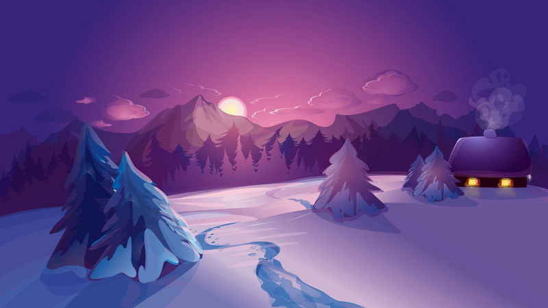 mountains, snow, winter, house, calm, forest, landscape, clouds, nature, digital art, sunset, 1080P