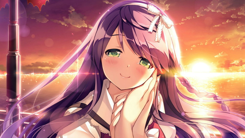 sky, water, purple, eri, tears, green, hair, braids, wakako, eyes, clouds, natsume, long, saku, annaffiare blush, yakusoku, headband, sunset, game, 720P