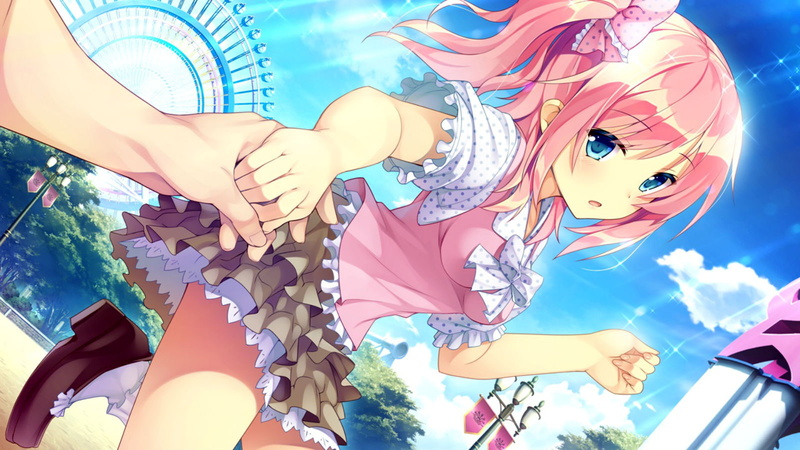 socks, tree, kasumi, skirt, annaffiare, annaffiare blue, koba, bow, 720P, eyes, koi, clouds, hair, pink, miyako, sky, saku, natsume, eri, short, game