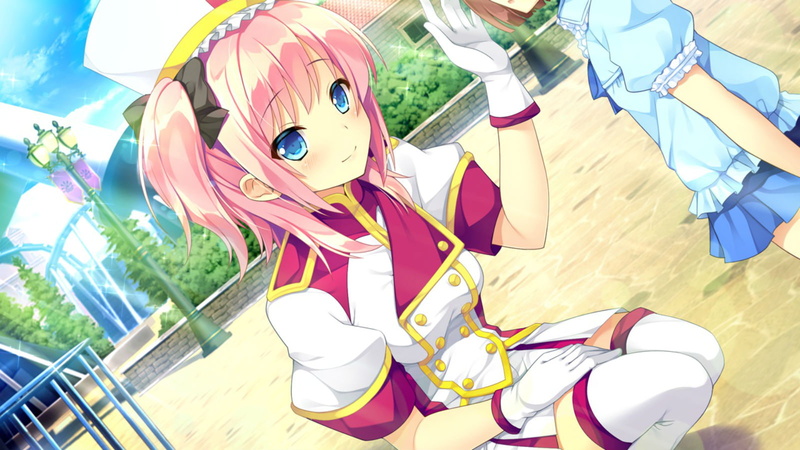 hat, koi, annaffiare blue, saku, game, eyes, koba, short, skirt, eri, yakusoku, thighhighs, 720P, miyako, kasumi, blush, hair, bow, gloves, pink, natsume
