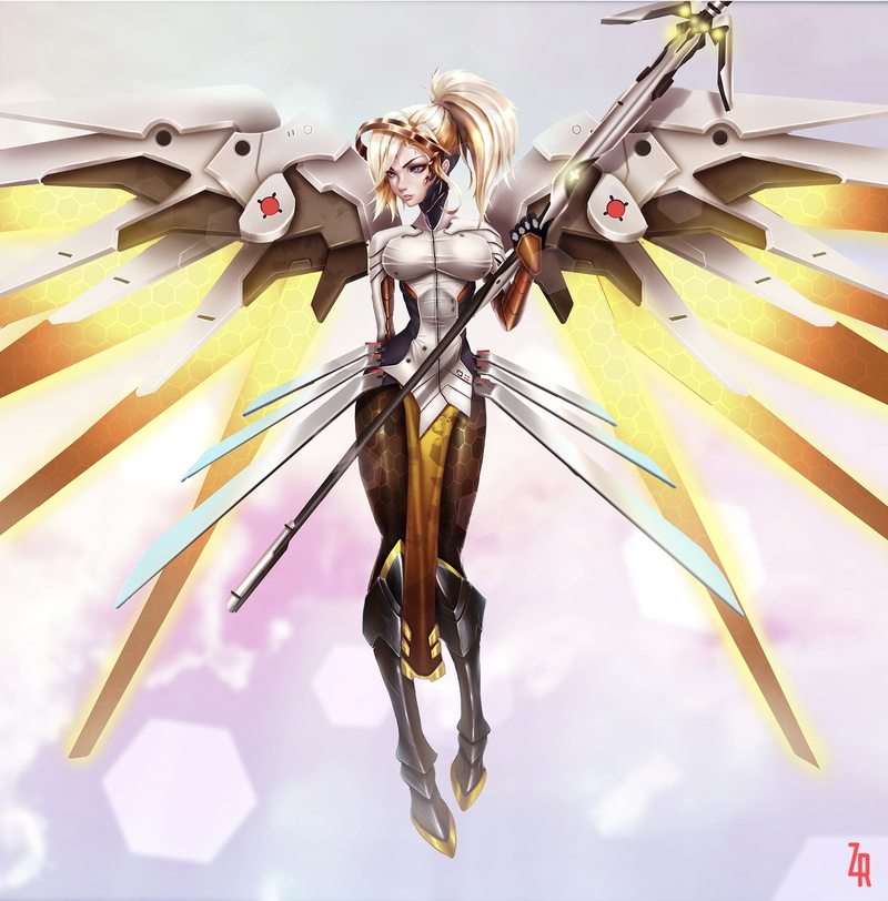 art and craft, armor, 1080P, adventure, anime, indoors, women, long hair, wings, weapon, nature, heels, hairstyle, hair, one person, Mercy (Overwatch)